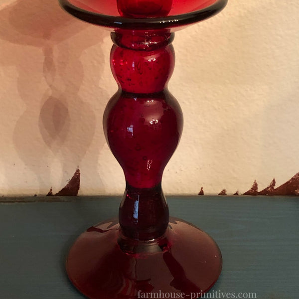 Red Handblown Glass Candlestick - Farmhouse-Primitives