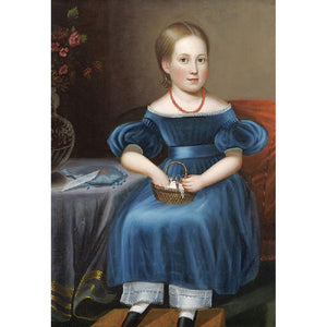 early portrait girl in blue with sewing basket