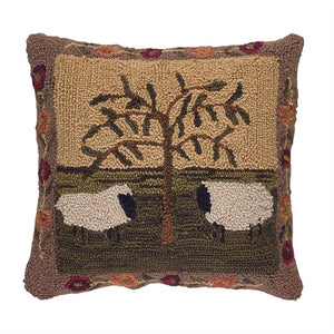 Willow and Sheep Hooked Pillow - Farmhouse-Primitives