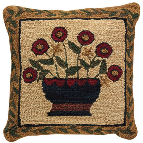 Flower Basket Hooked Pillow - Farmhouse-Primitives