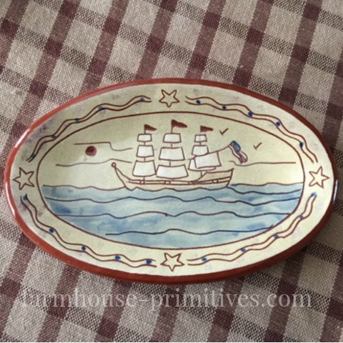 Tall Ships Redware Oval Plate - Farmhouse-Primitives