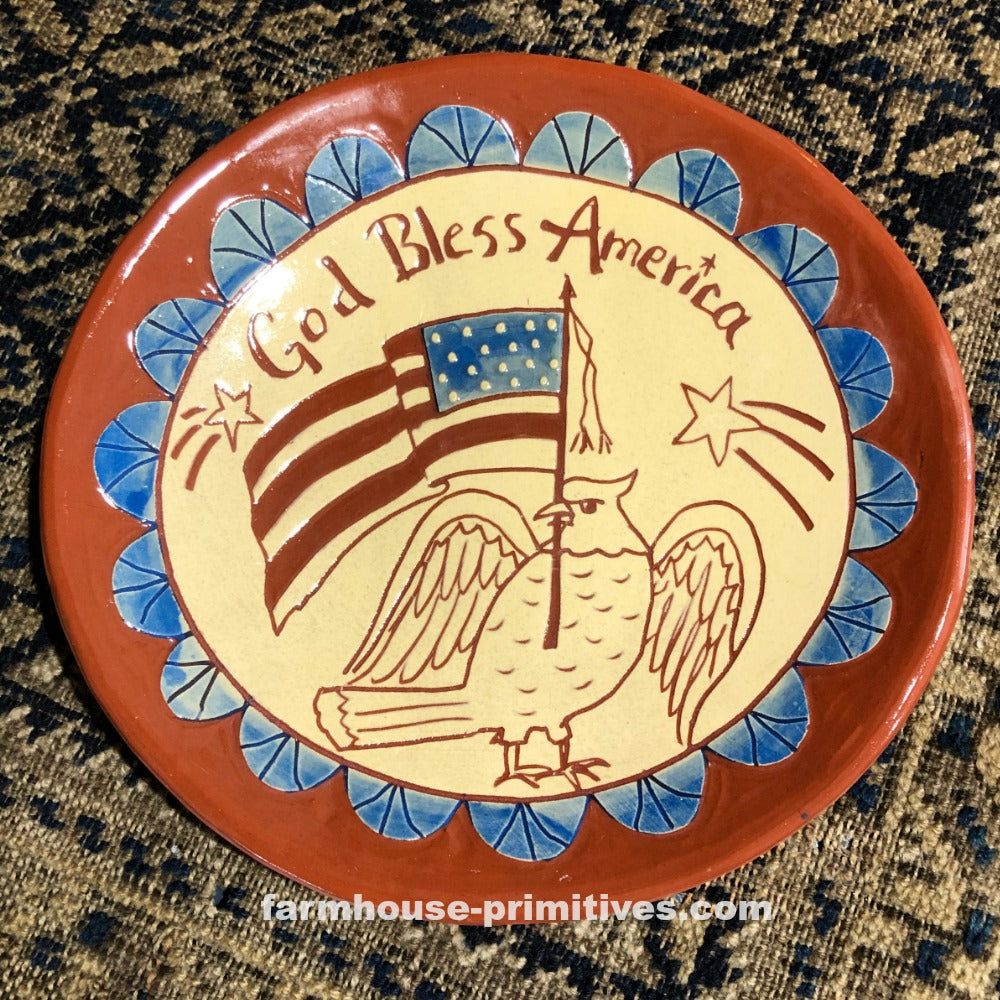 God Bless America Eagle/Flag Redware Plate - Farmhouse-Primitives