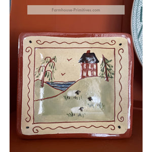 House with Sheep Redware Plate - Farmhouse-Primitives